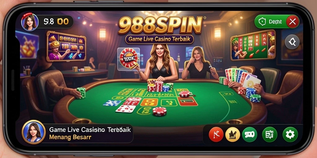 Screenshot 988SPIN menunjukkan dealer profesional dalam permainan Live Casino.