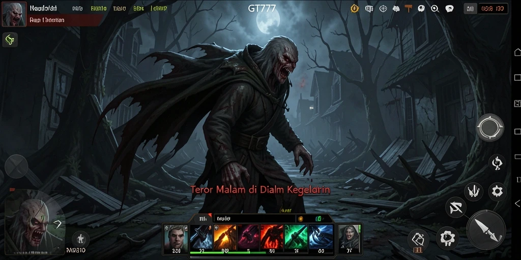 Screenshot utama GT777 menampilkan momen menegangkan saat berhadapan dengan makhluk menyeramkan.