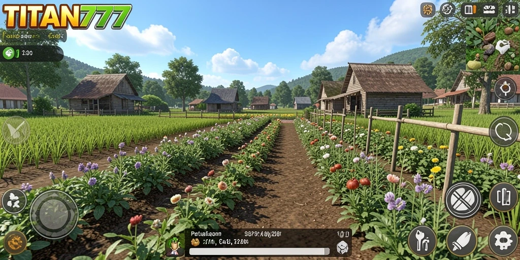 Screenshot gameplay TITAN777 menampilkan kebun yang indah dan beraneka ragam tanaman.