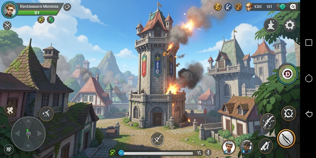 Screenshot gameplay V21 menampilkan menara aksi menghadapi gelombang musuh.