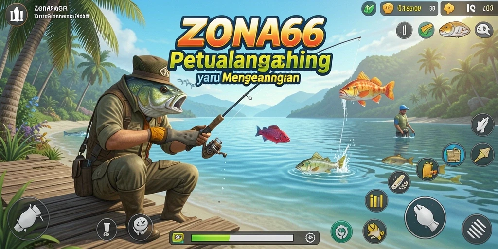 Gameplay seru ZONA66 menunjukkan aksi menangkap ikan.